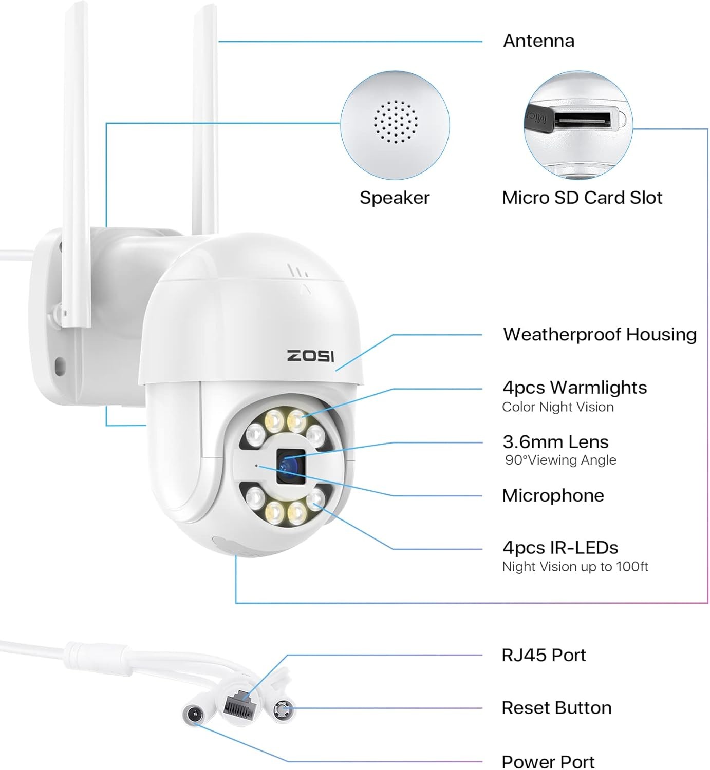 ZOSI 2K 3MP Wifi Security IP Camera Auto Tracking AI Detect Color Night Vision