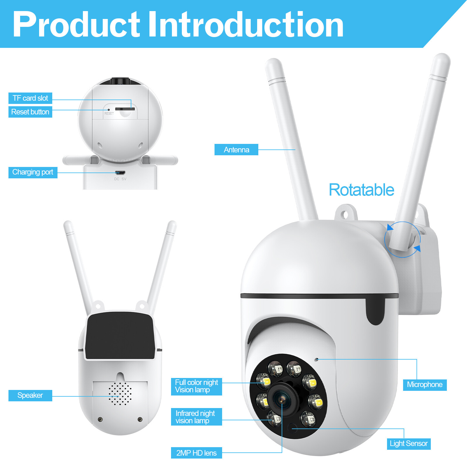 HD 1080P WiFi Security Camera Night Vision with PTZ Motion Detection 2-Way Audio