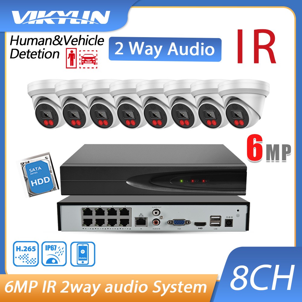 Vikylin 12MP 8CH 8IP Camera 8POE 2-Way Audio 6MP IR Motion Detection System Lot