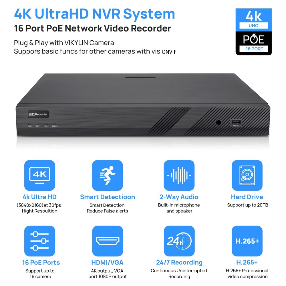 Vikylin 16CH 16POE NVR+ 8MP POE IP Camera Dual Lens 180° View Full Color+IR Lot