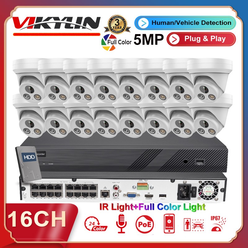 Vikylin 16CH CCTV System Kit 5MP IP Camera Full Color+IR Audio 4k 16 POE NVR Lot
