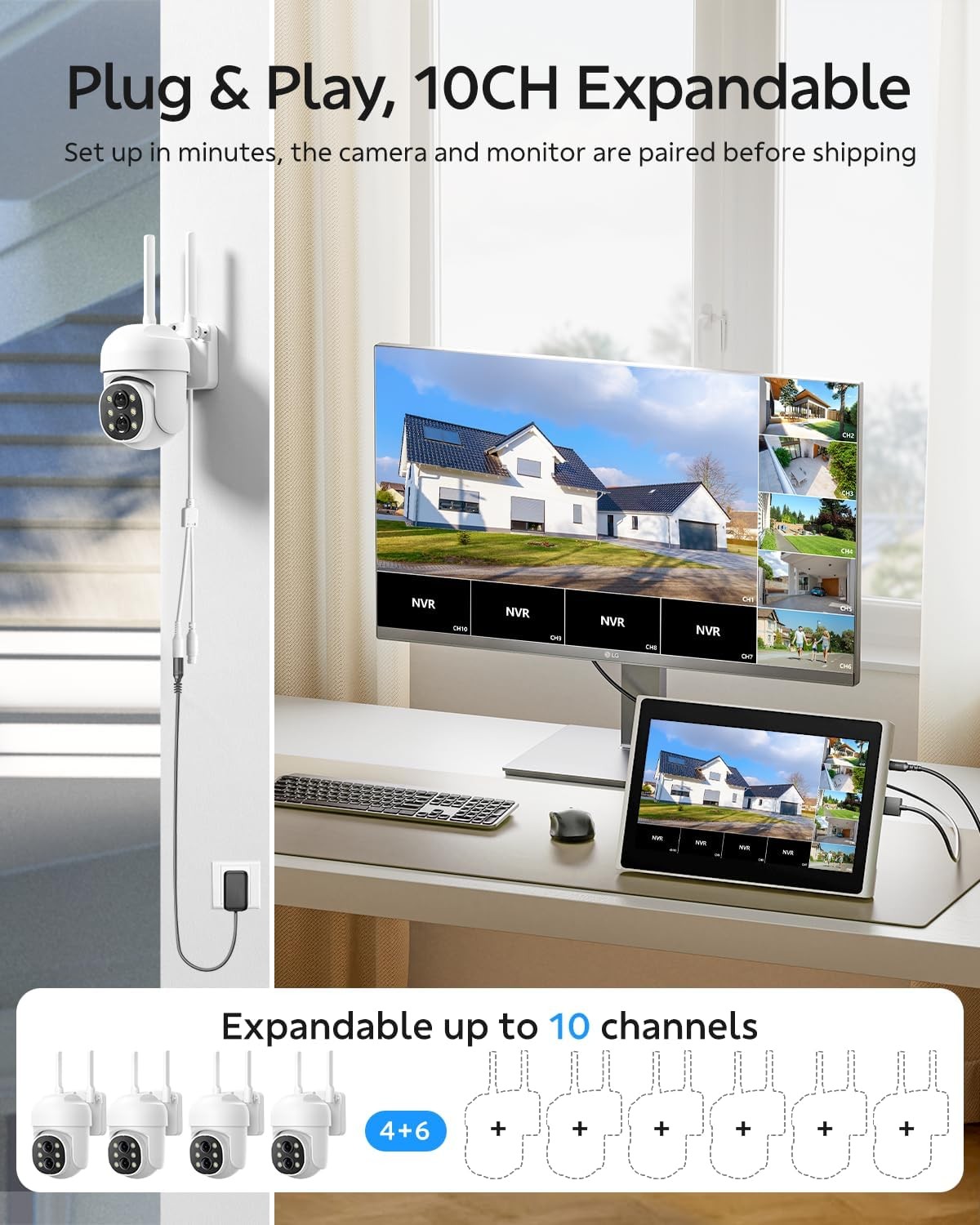 10″ Monitor Wireless NVR Security Camera System WiFi Night Vision Motion Detect