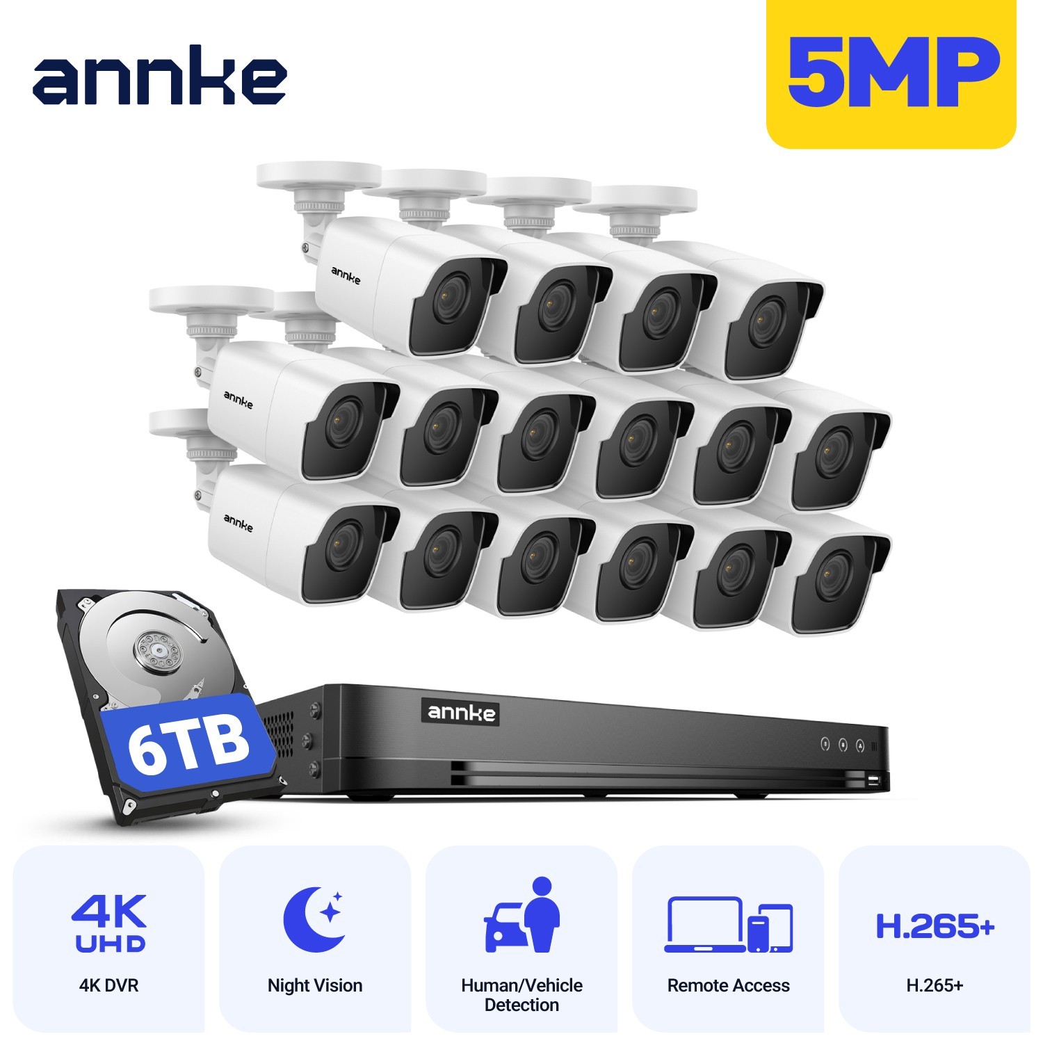 ANNKE 16CH 4K 8MP DVR 5MP CCTV Security Camera System H.265+ AI Human Detection