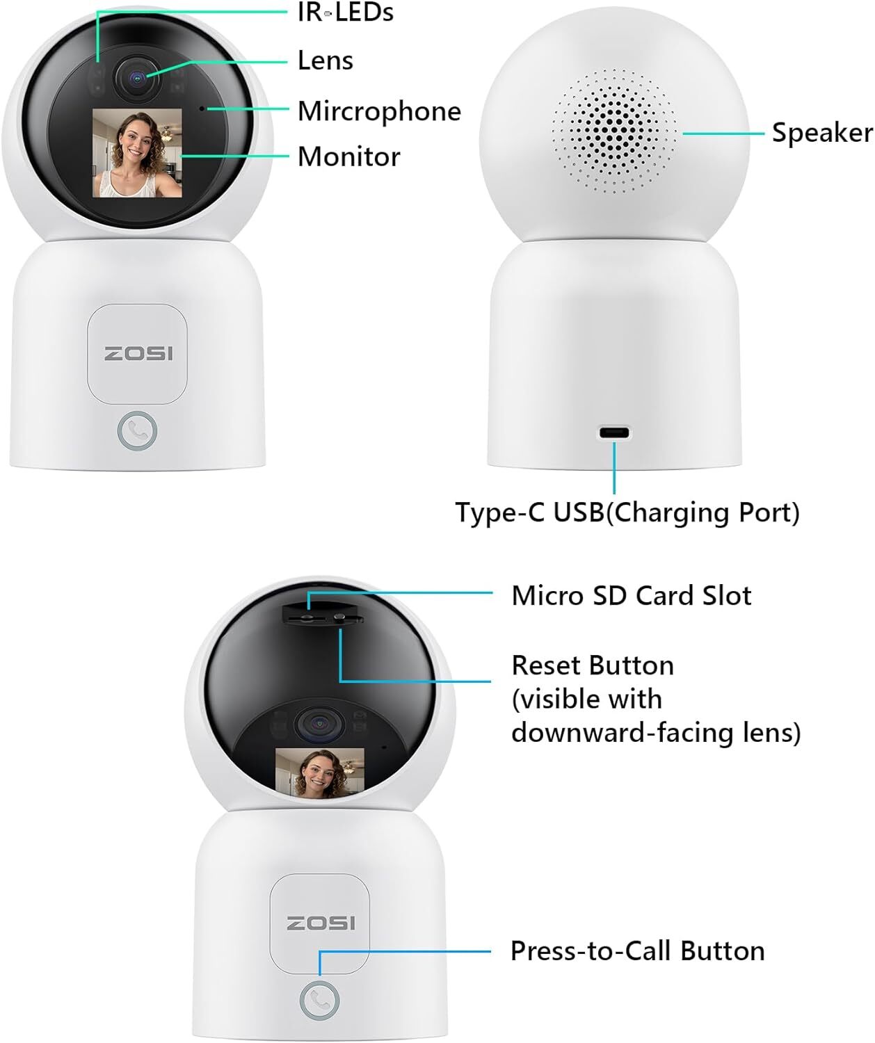 ZOSI PT Security WiFi Video Camera 3MP/4MP Remote View Baby Monitor 2-Way Audio
