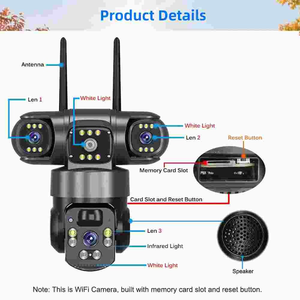 3 Lens HD 9MP WiFi Solar Camera Wireless Outdoor CCTV PTZ Home Security IR Cam