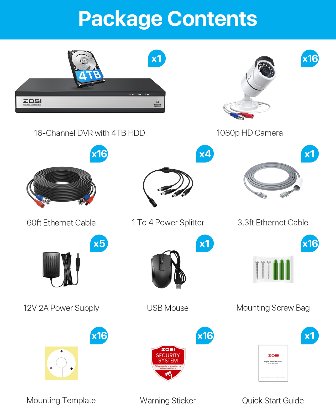 ZOSI 16CH DVR 2MP Security Instant Alert Camera CCTV System 2TB Remote Access 2T