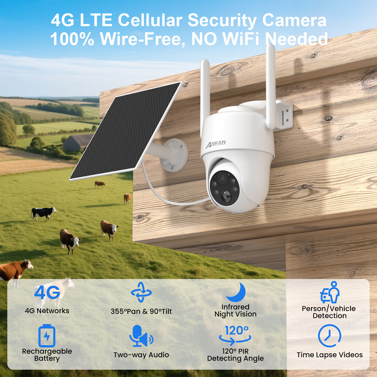 ANRAN Outdoor Wireless 4G LTE Cellular Security Camera Solar Powered Smart Home