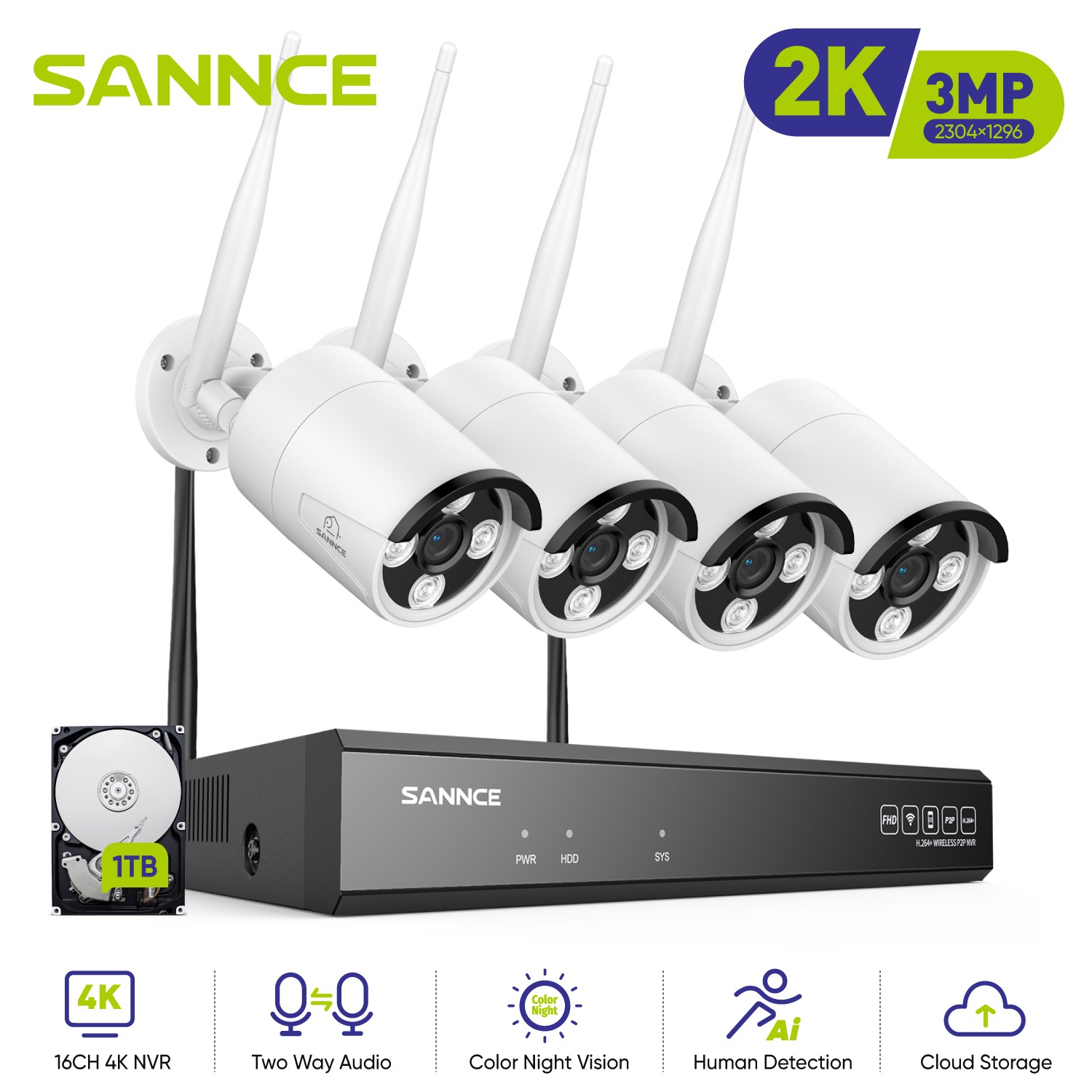 SANNCE 3MP Wifi Security Camera System Wireless IP CCTV 16CH NVR 2 Way Audio 1TB