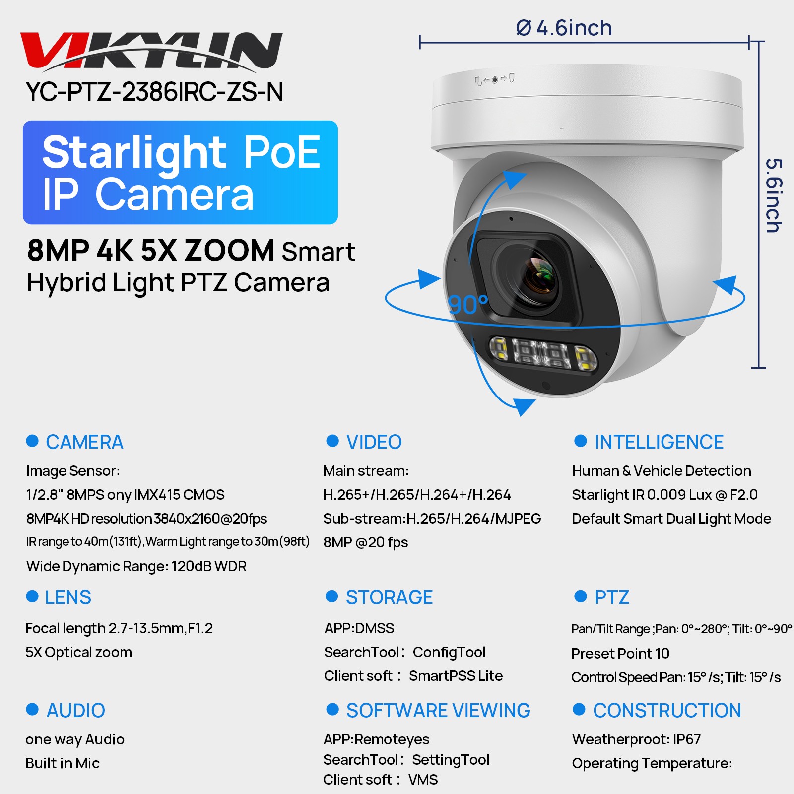 Vikylin 16POE 16CH NVR Systems Color+IR 5×Zoom 2-Way Audio 8MP 4K PTZ Camera Lot