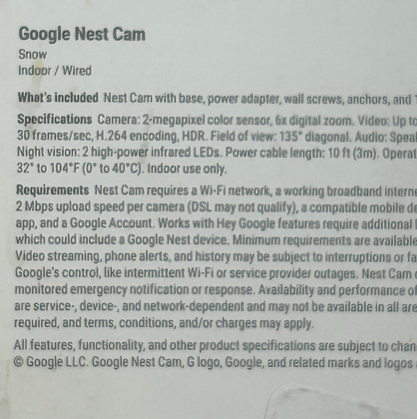 Google Nest Cam 2nd Gen GA01998-US Indoor Wired Security Camera Snow *READ*