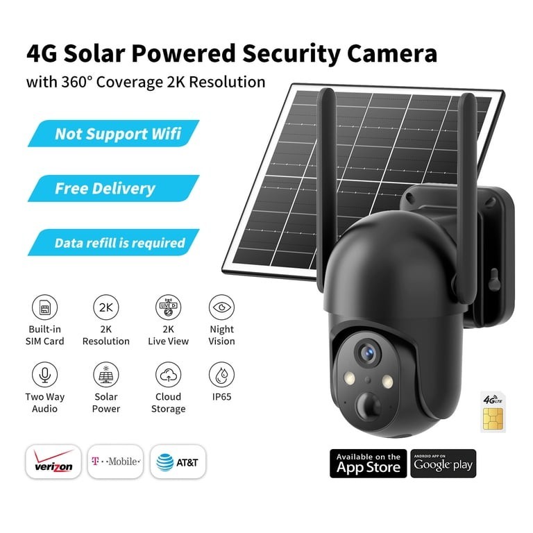 Conico 2K Solar Powered Wireless PTZ Night Vision 4G LTE Outdoor Security Camera