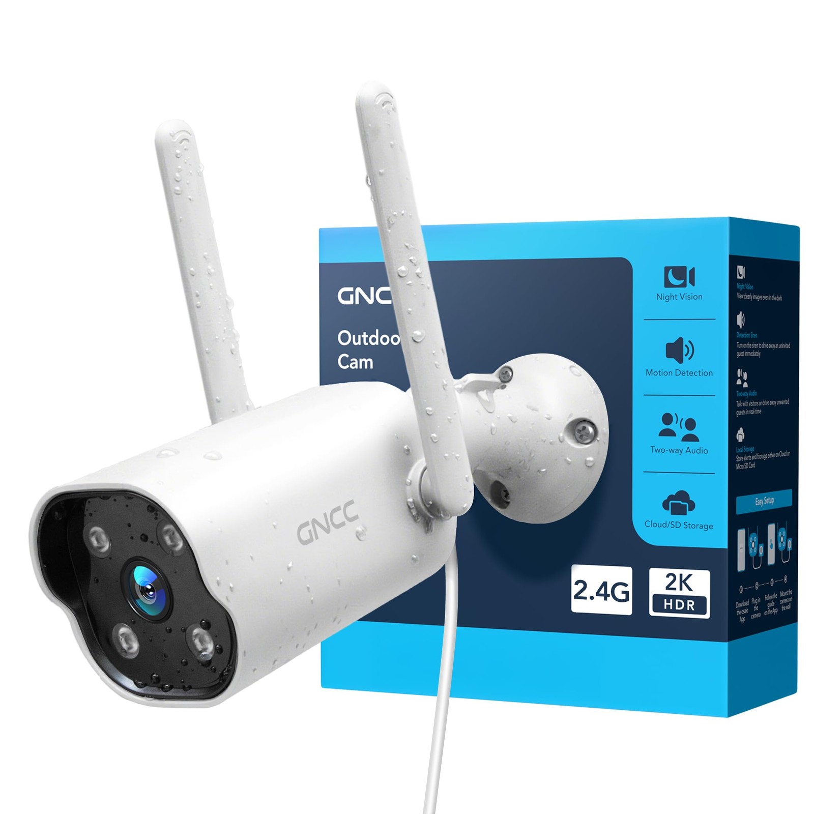 GNCC 2K Outdoor Security Camera, 24/7 Recording, Plug-in, AI, White-1P