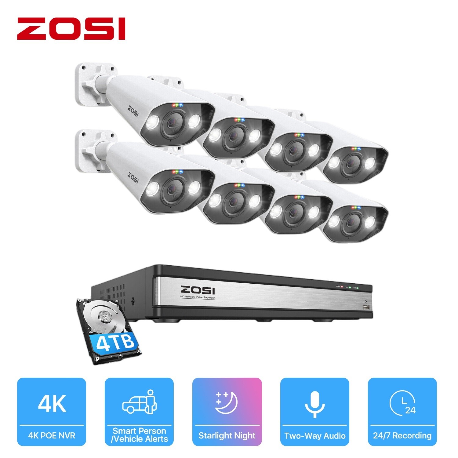 ZOSI 4K 16CH NVR 5MP/8MP IP Home POE Security Camera System AI Face Alerts Audio
