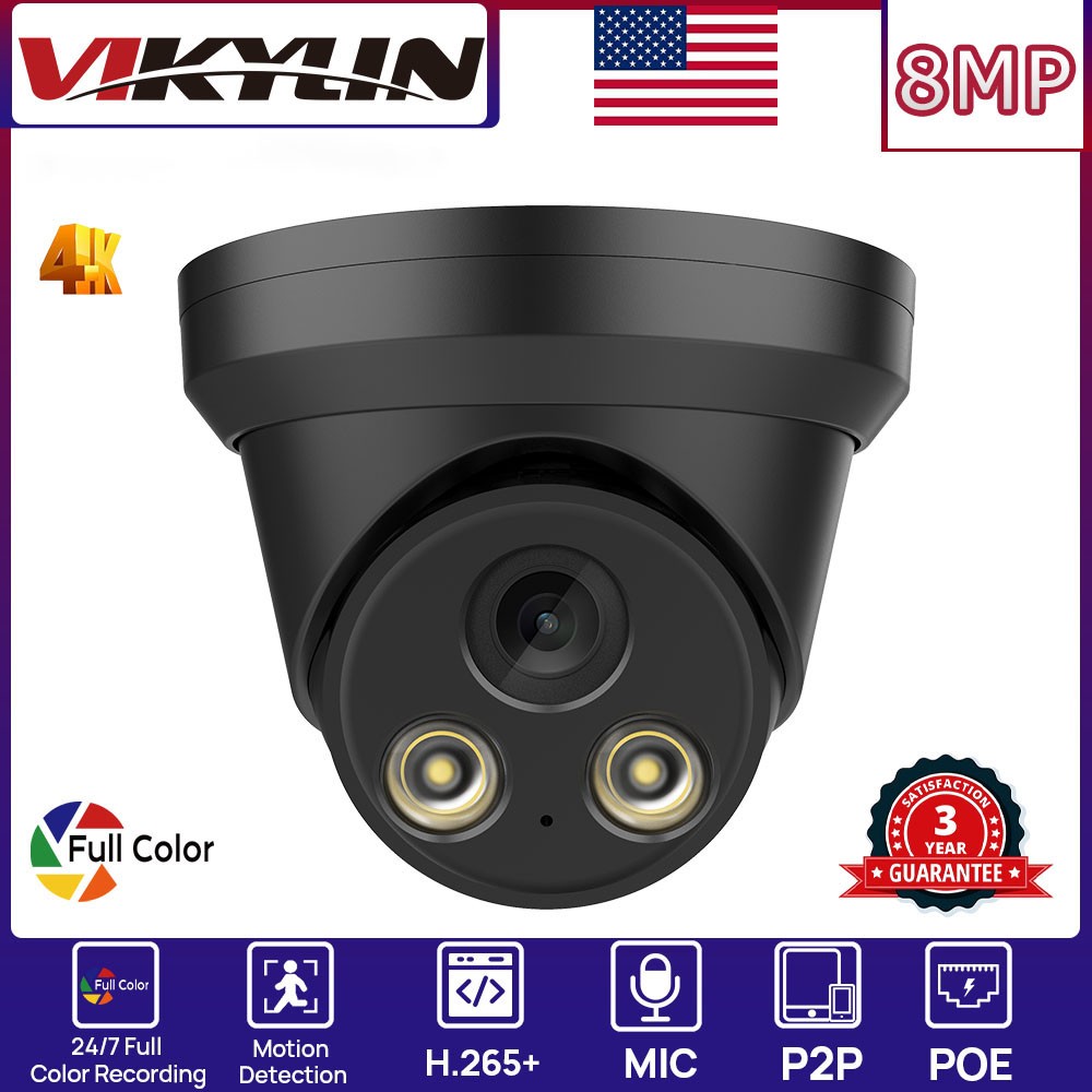 VIKYLIN 8CH 8POE NVR System Turret 24h Full Color 8MP 4K IP CAMERA Black MIC Lot