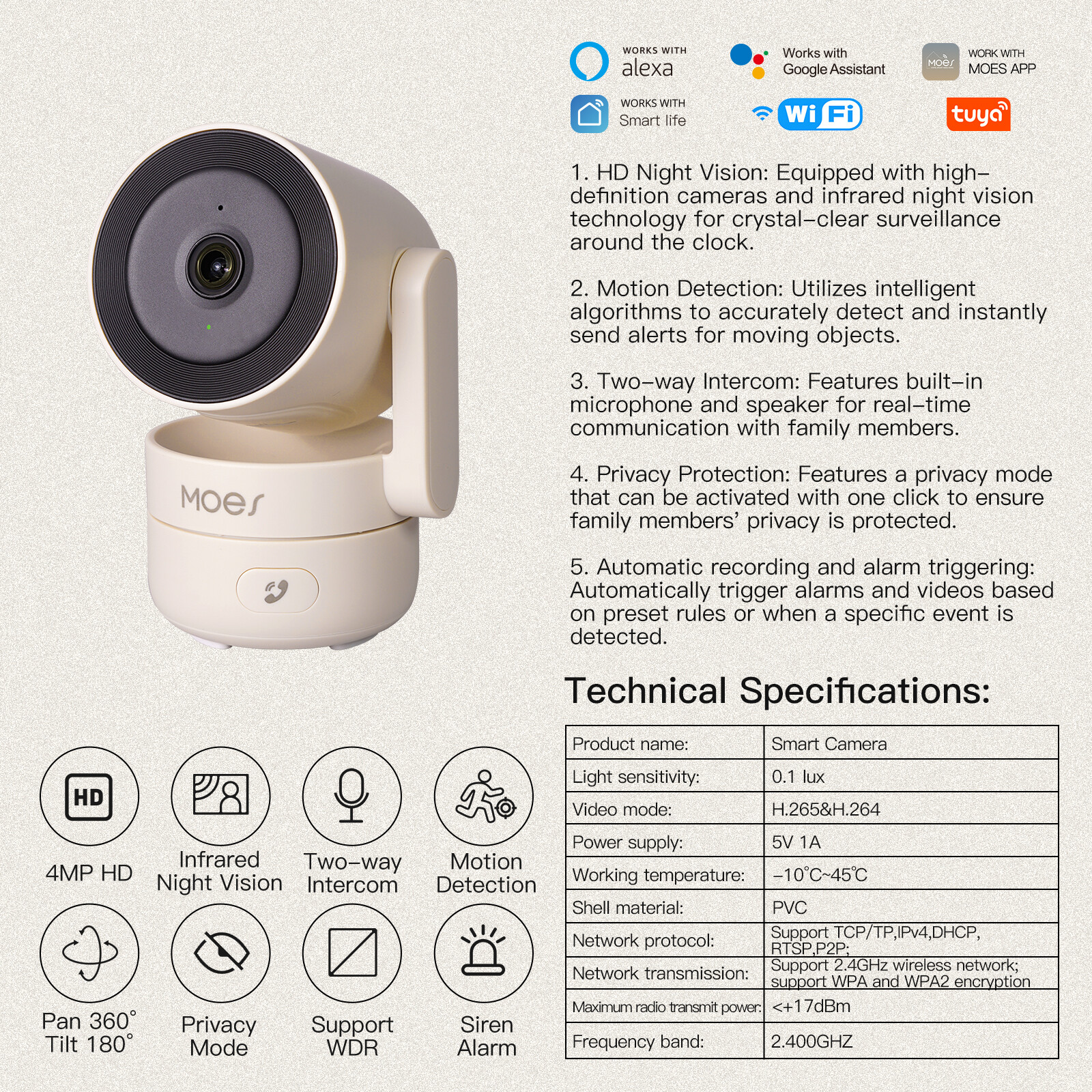 MOES WiFi 360° Smart Security Camera 4MP HD Night Vision Motion Sound Detection
