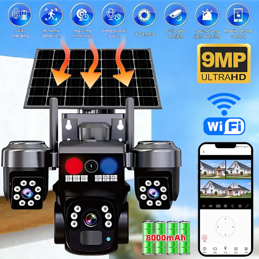 Solar Battery Powered Wireless WiFi Outdoor Pan/Tilt Home Security Camera System