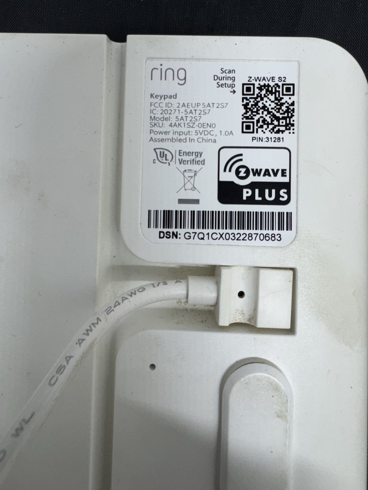 Ring Alarm Keypad (2nd Gen) Model 5AT2S7 Z-Wave Plus w/ Power Adapter Works