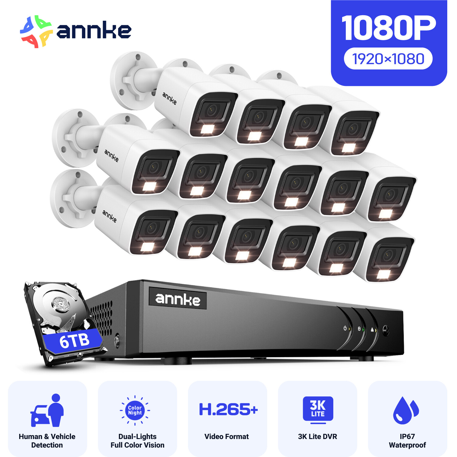 ANNKE 16CH 5MP Lite DVR 1080P CCTV Security Camera System AI Color Night Vision