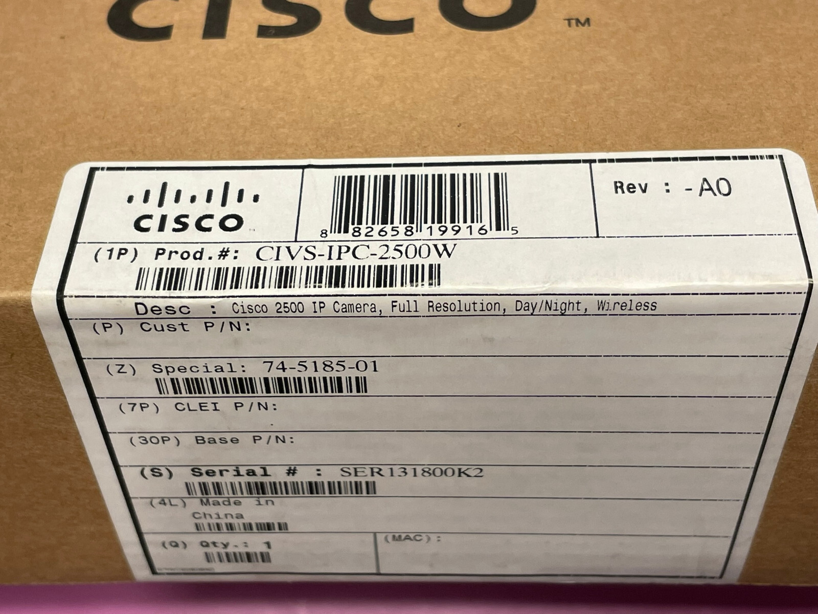 Cisco 2500 IP Camera – CIVS-IPC-2500W – Full Resolution, Day/Night, Wireless NEW