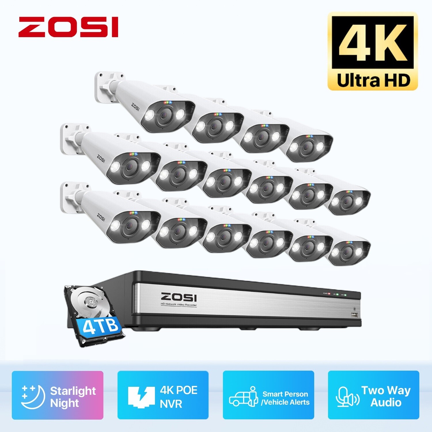 ZOSI 8CH/16CH 4K 8MP POE Home Security Camera System Audio Vehicle Detect 2/4T