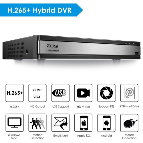ZOSI H.265+ 16 Channel 1080P Home DVR with Hard Drive 2TB for Security System