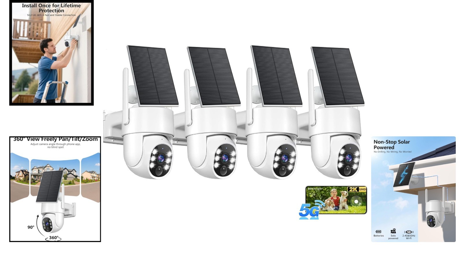 High-Performance 2K Solar Security Cameras: Wireless, Weatherproof, 4-Pack