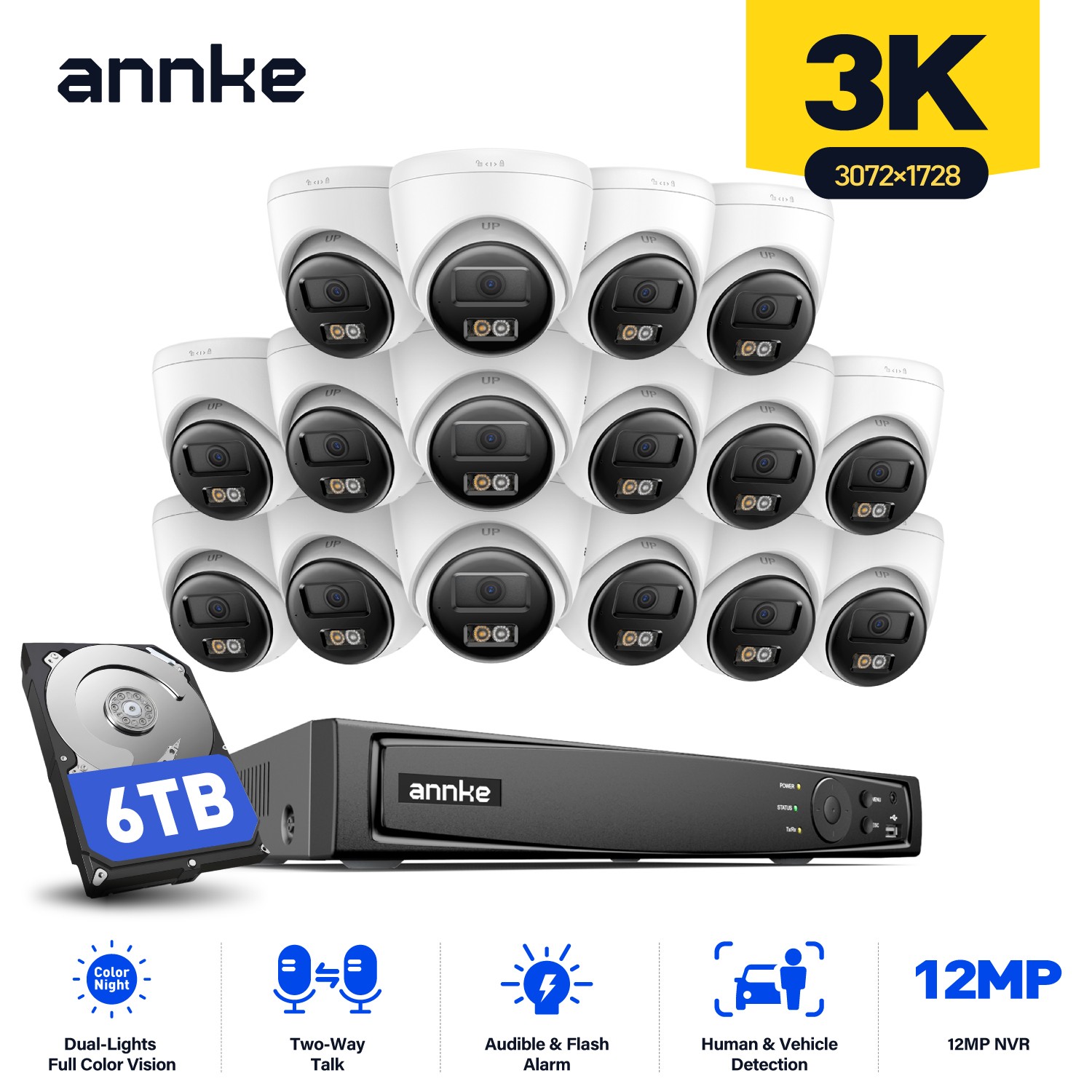 ANNKE 16CH 12MP NVR 5MP AI POE Security Camera System Color Night Vision Audio