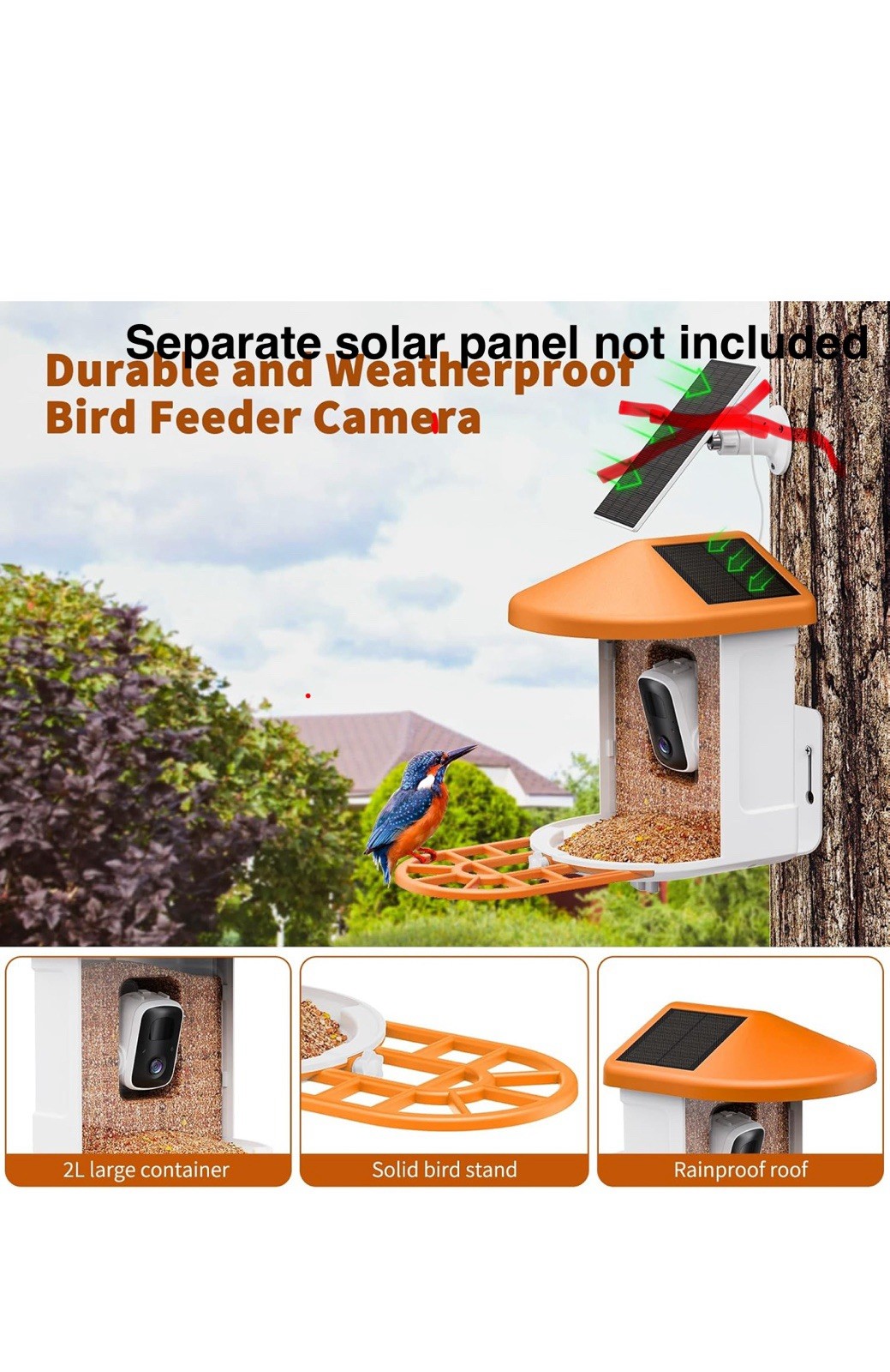 Bird Feeder Camera wi Motion Detection, Solar Powered, WiFi, 1080P HD 160 Degree