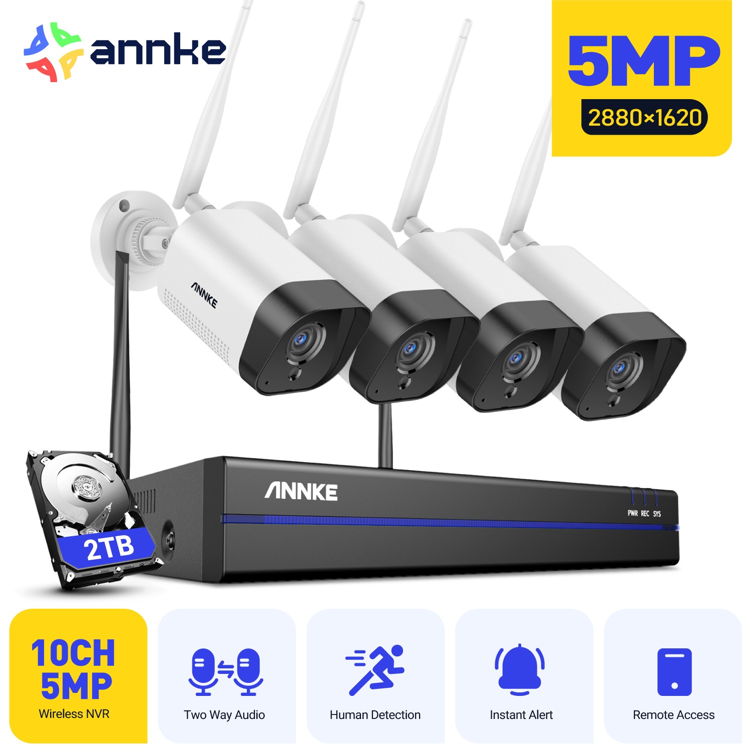 ANNKE Wireless 8CH NVR 5MP Security Camera System Two Way Audio Outdoor 2TB