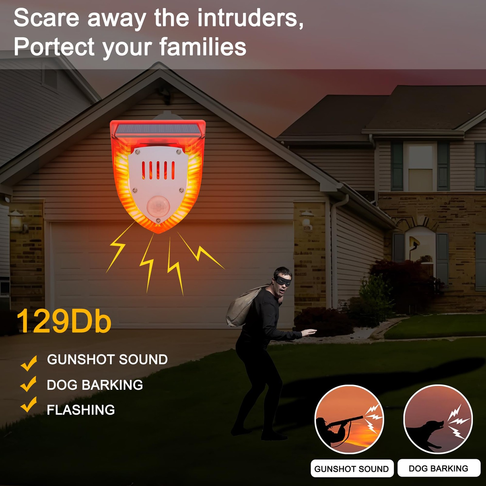 Solar Outdoor Motion Sensor Alarm: 129db Dog Barking & Gunshot Sound,Loud Mot