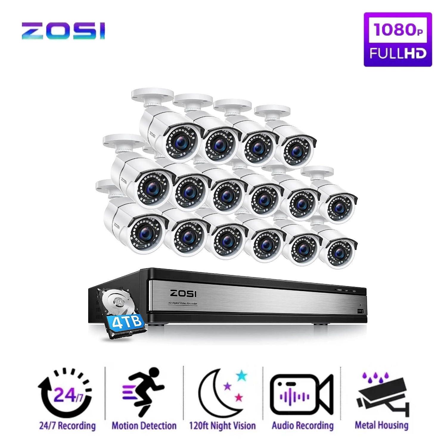ZOSI 5MP 16CH Security CCTV 2MP Camera System Night Vision 24/7 Record 2TB HDD