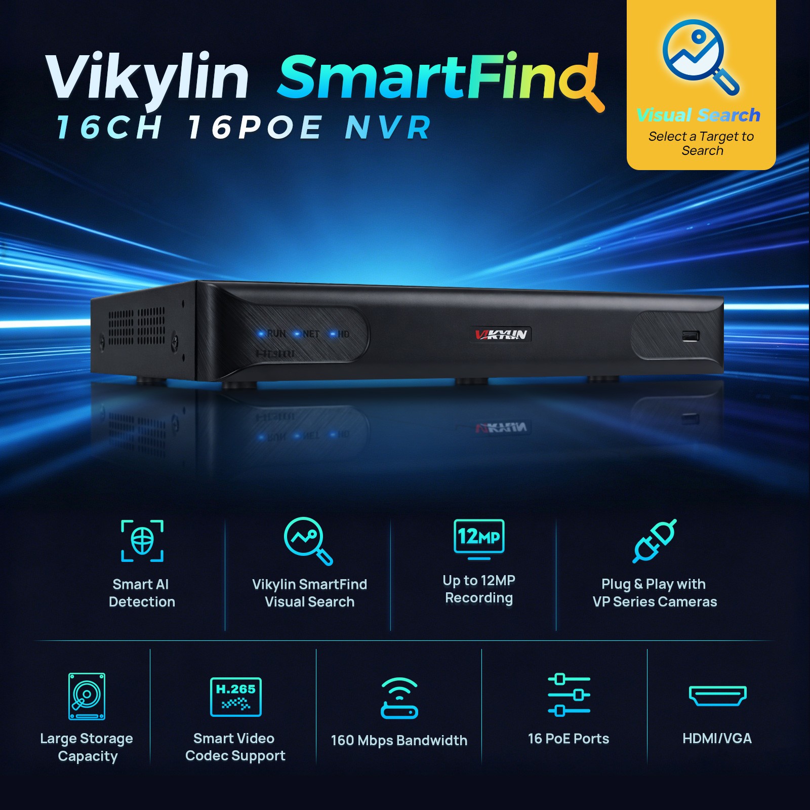 Vikylin SmartFind 16CH 16 POE NVR CCTV System 5MP IP Camera IR Night Vision Lot