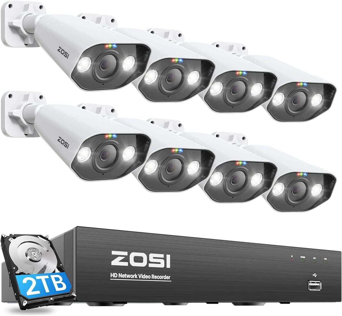 ZOSI 4K 8CH NVR 8MP IP POE Security Camera System AI Alerts Audio 2TB HDD IP66