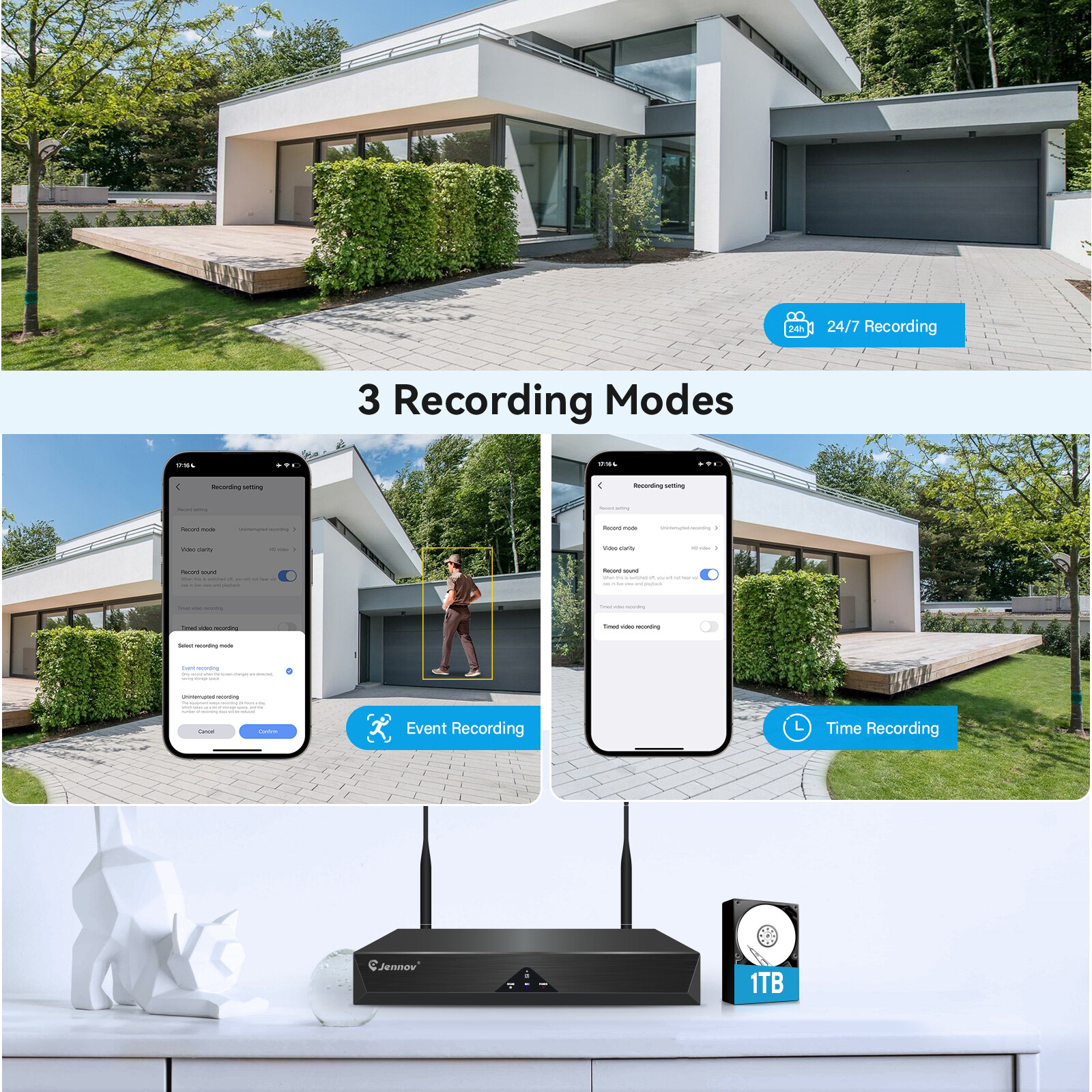 JENNOV 5MP CCTV Security Camera System Wireless 10CH NVR WIFI 24/7 Recording