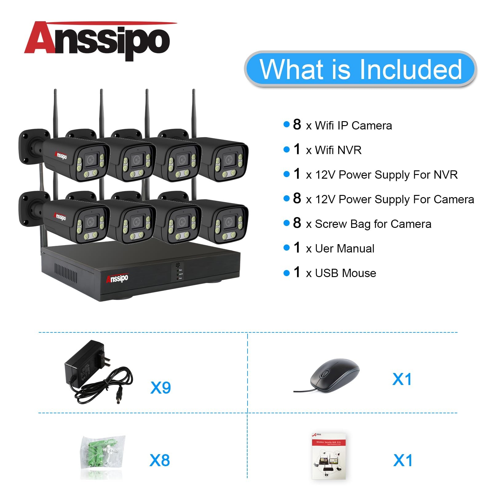 Security Camera System Wireless, 8 Plug-in Wired Outdoor Indoor Cameras