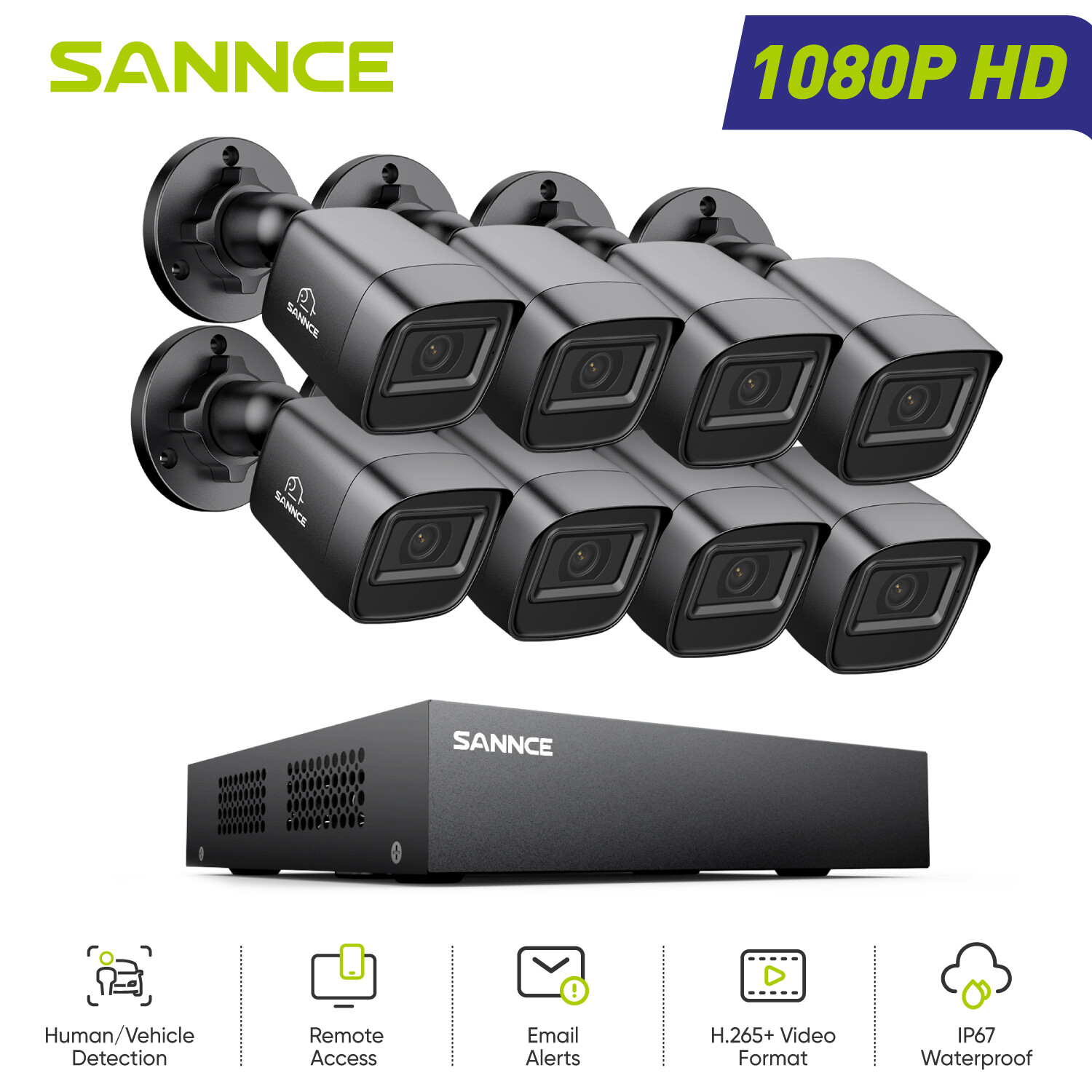 SANNCE 8CH 1080P Lite DVR 8x 2MP Wired Security Camera System Outdoor Detection