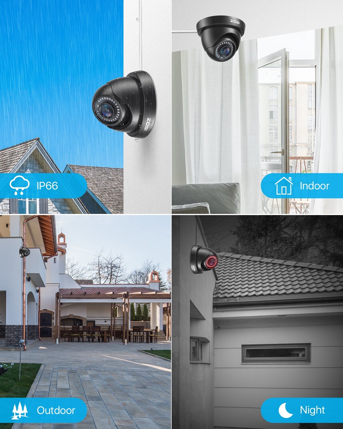ZOSI 4PK 1080p TVI Security Cameras Outdoor Indoor CCTV Dome 80ft Night Vision