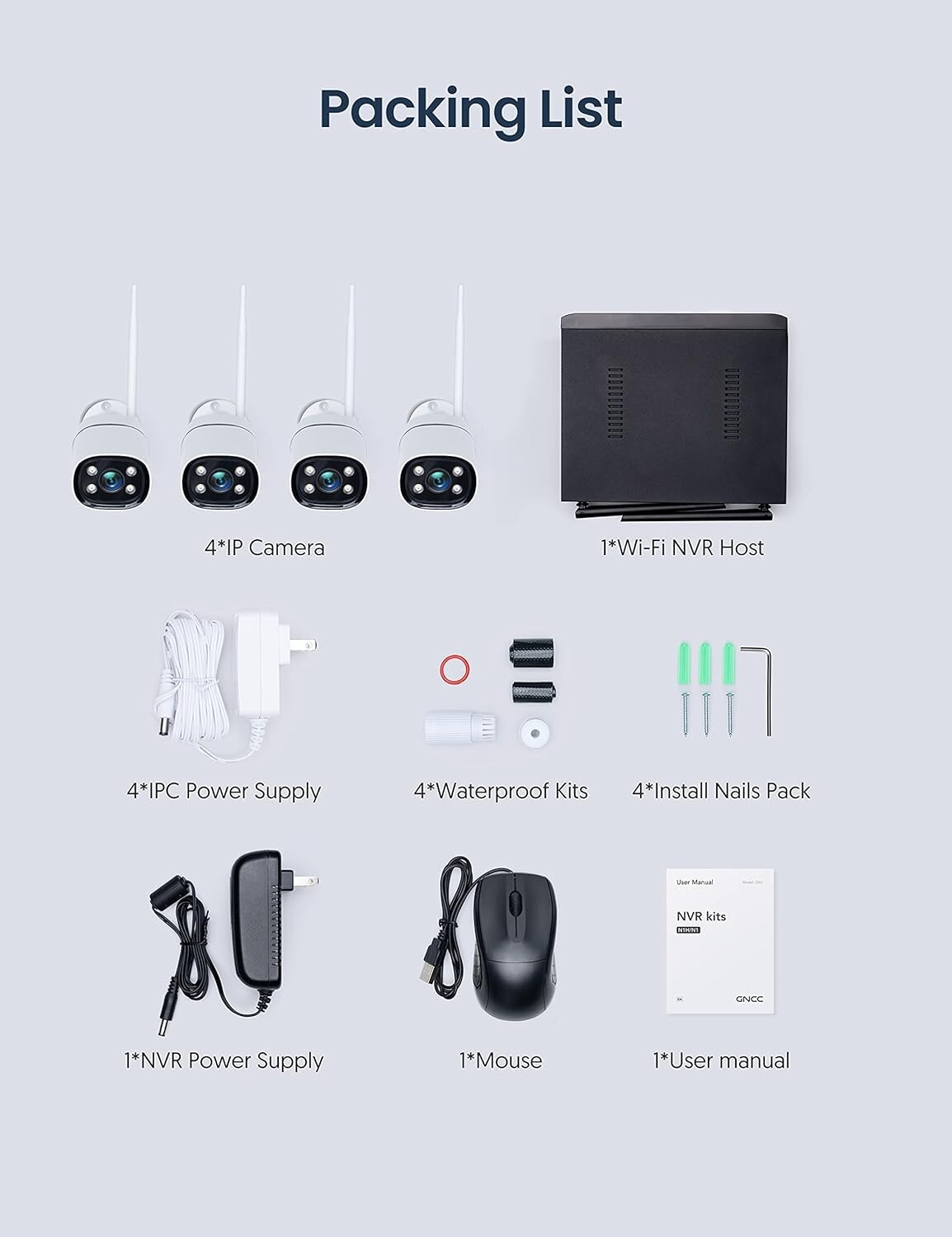 GNCC Security Camera System with 1TB HDD, 8CH WiFi NVR, 4pcs 2K Home Security Ca