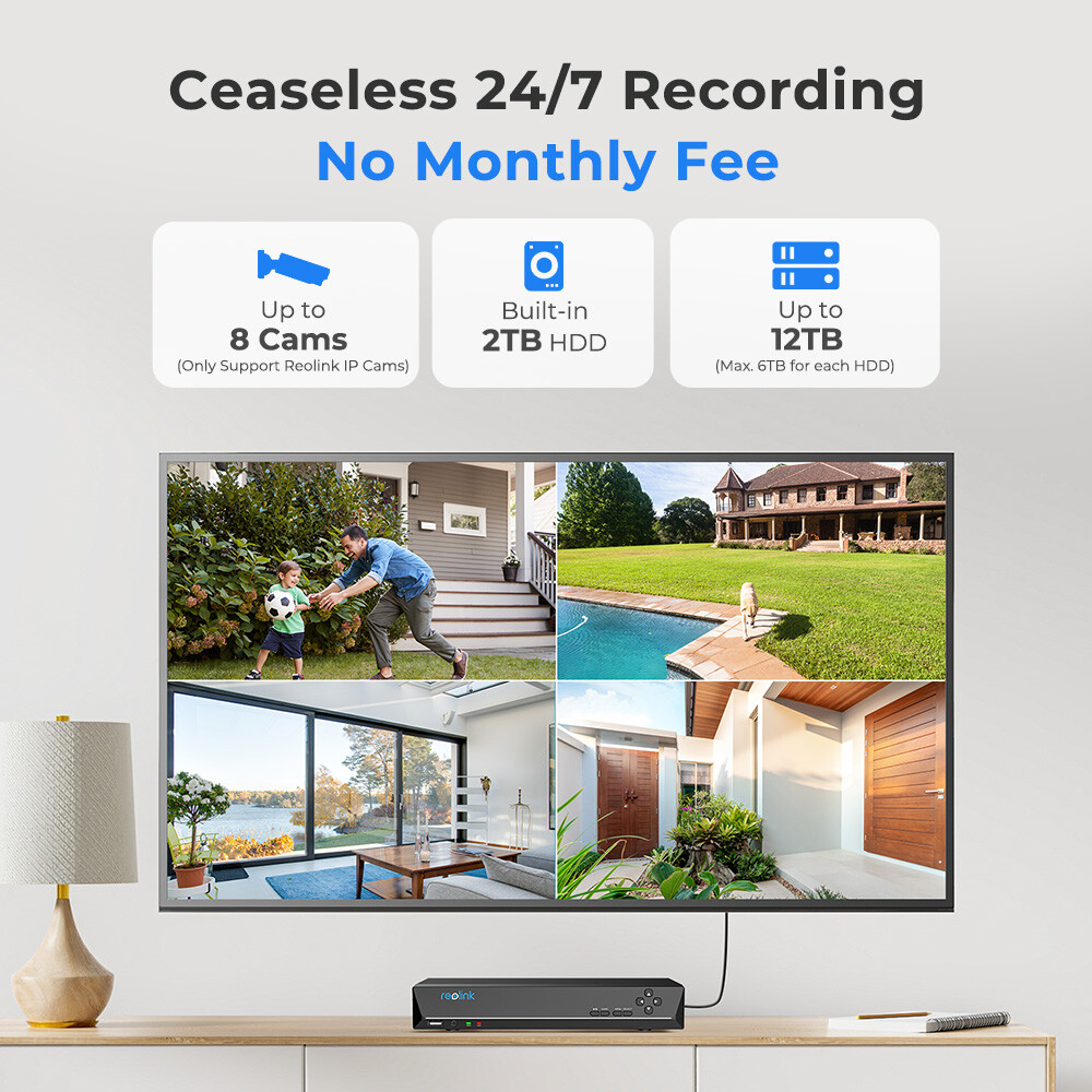 Reolink 5MP PoE Security Camera System 8CH 2TB HDD NVR 24/7 Video Recording