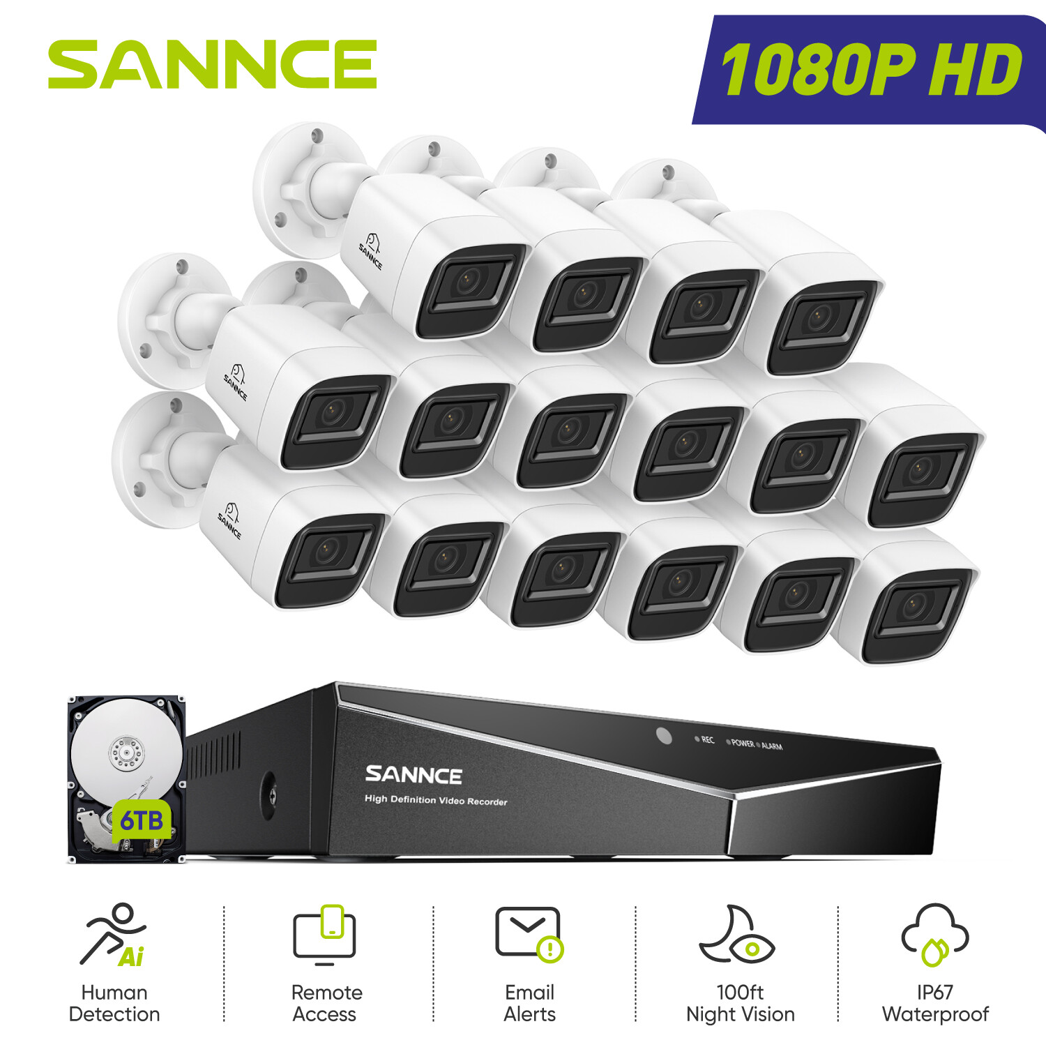 SANNCE 16CH 5in1 DVR 1080P Video CCTV Security Camera System AI Human Detection
