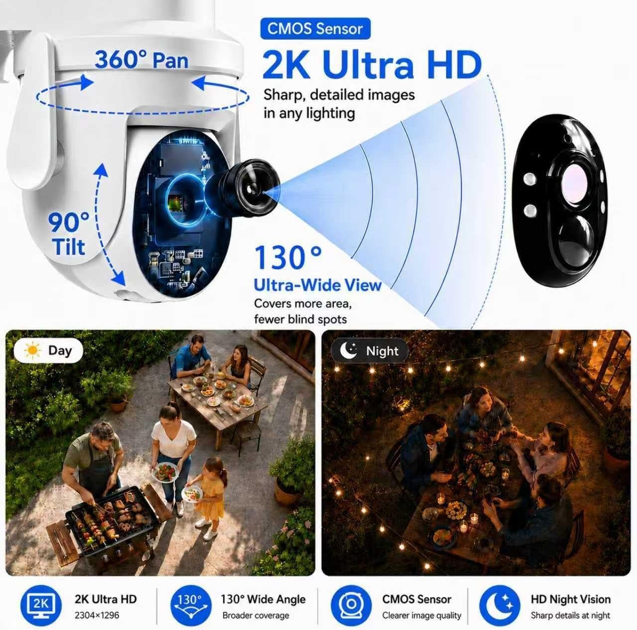 2K Dome Solar Camera Wireless WiFi Pan/Tilt Battery Powered Security Camera CCTV