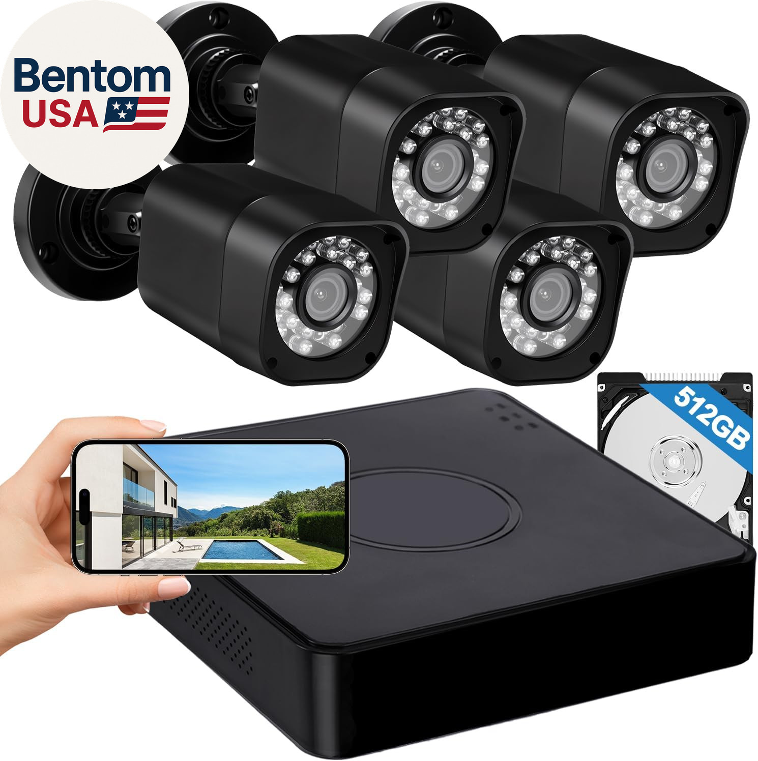 4CH 1080P Wired Security Camera System, CCTV DVR with 512GB Hard Drive, 4 X Hom