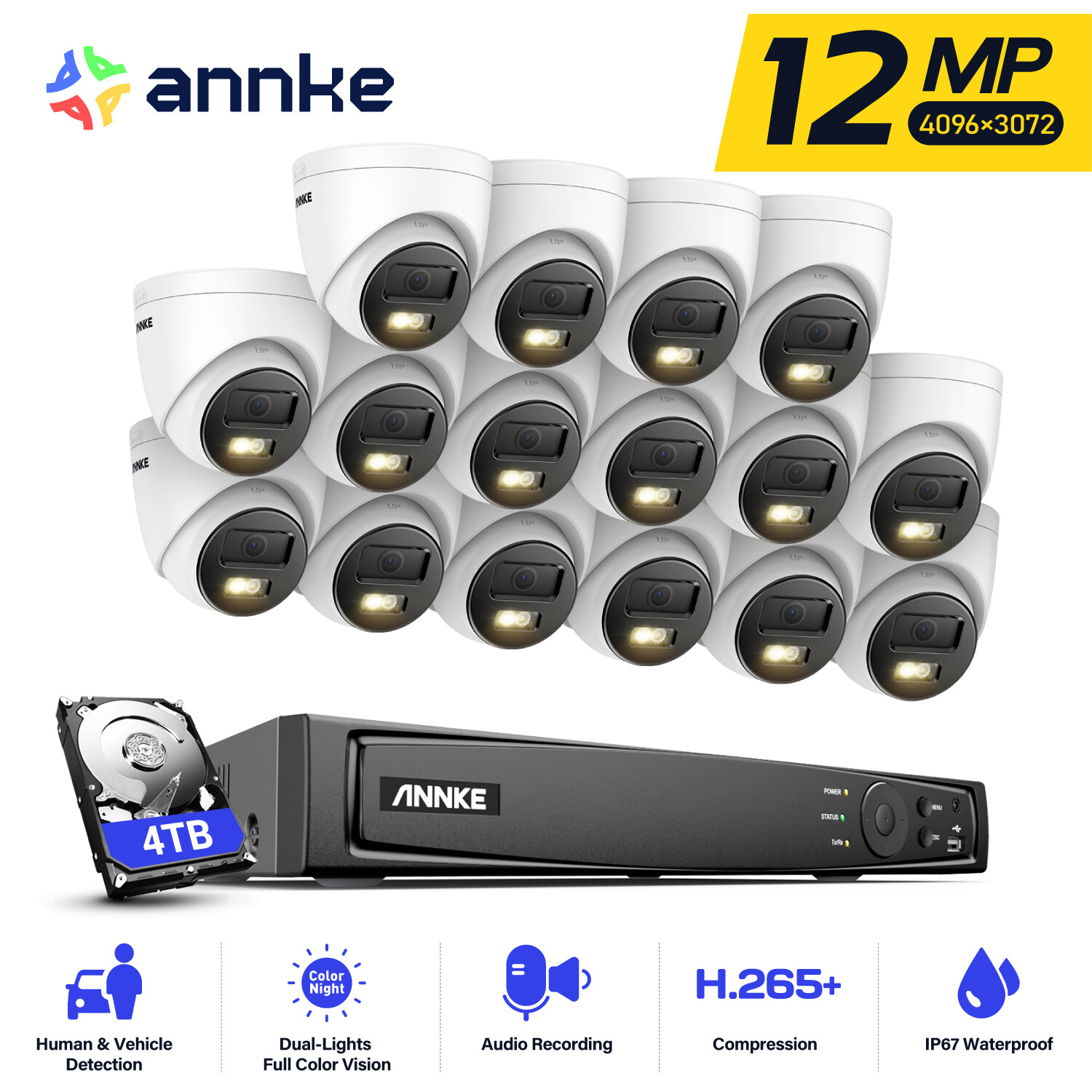 ANNKE 12MP 8CH 16CH NVR Full Color Night PoE Security Camera System Audio Record