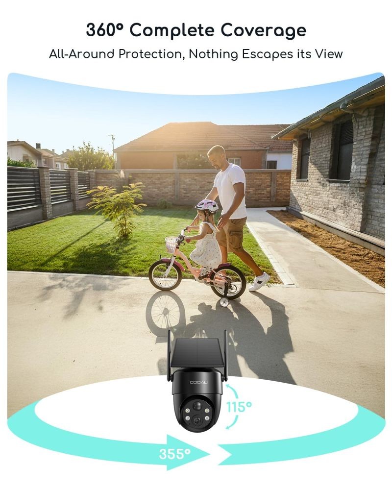 COOAU 2K 360° Solar Security Cameras Wireless Outdoor, AI smart Detection,IP66
