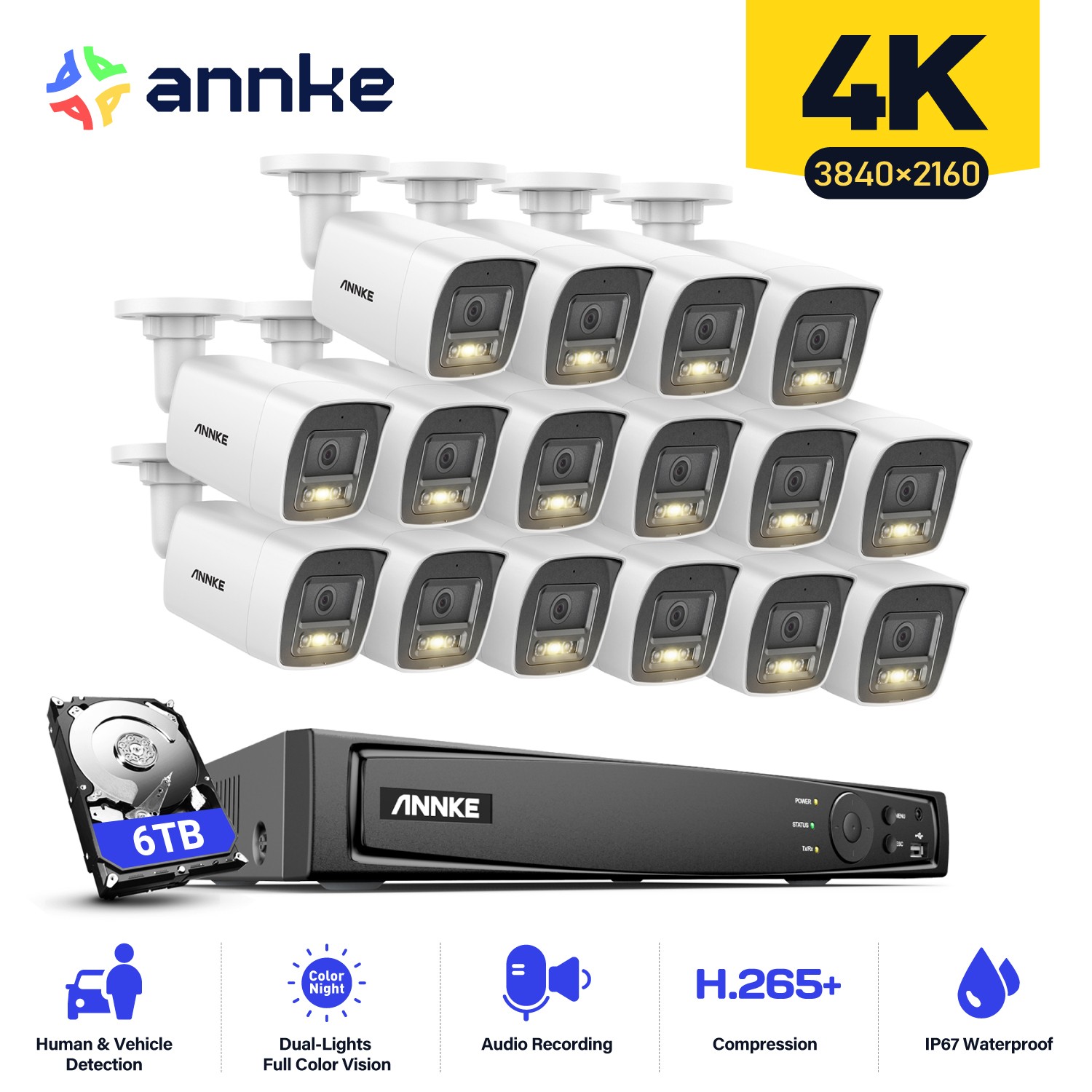 ANNKE 12MP 16CH NVR 4K Audio PoE IP Security Camera System Color Night Vision AI