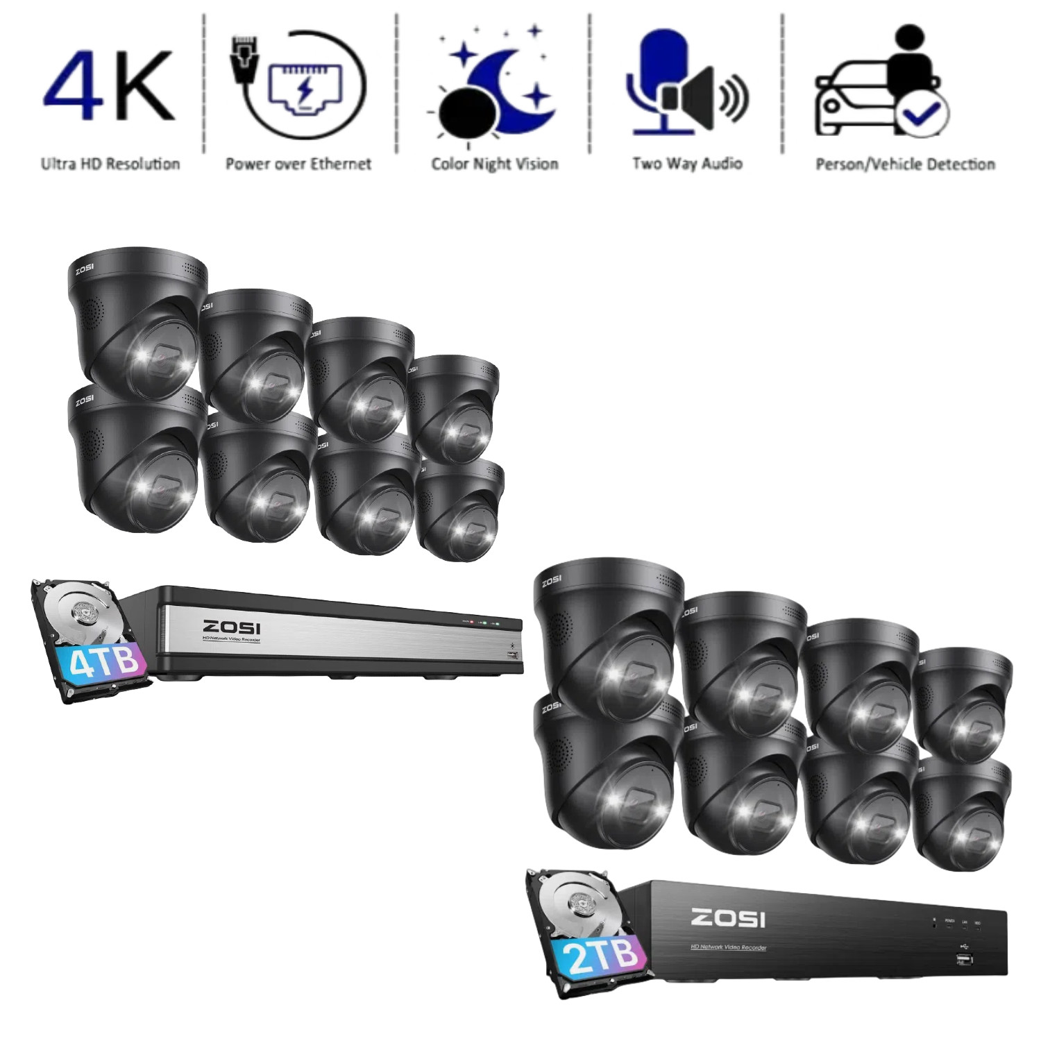 ZOSI 16CH 4K 8MP PoE Security Camera System AI Detect with Two-Way Audio Outdoor