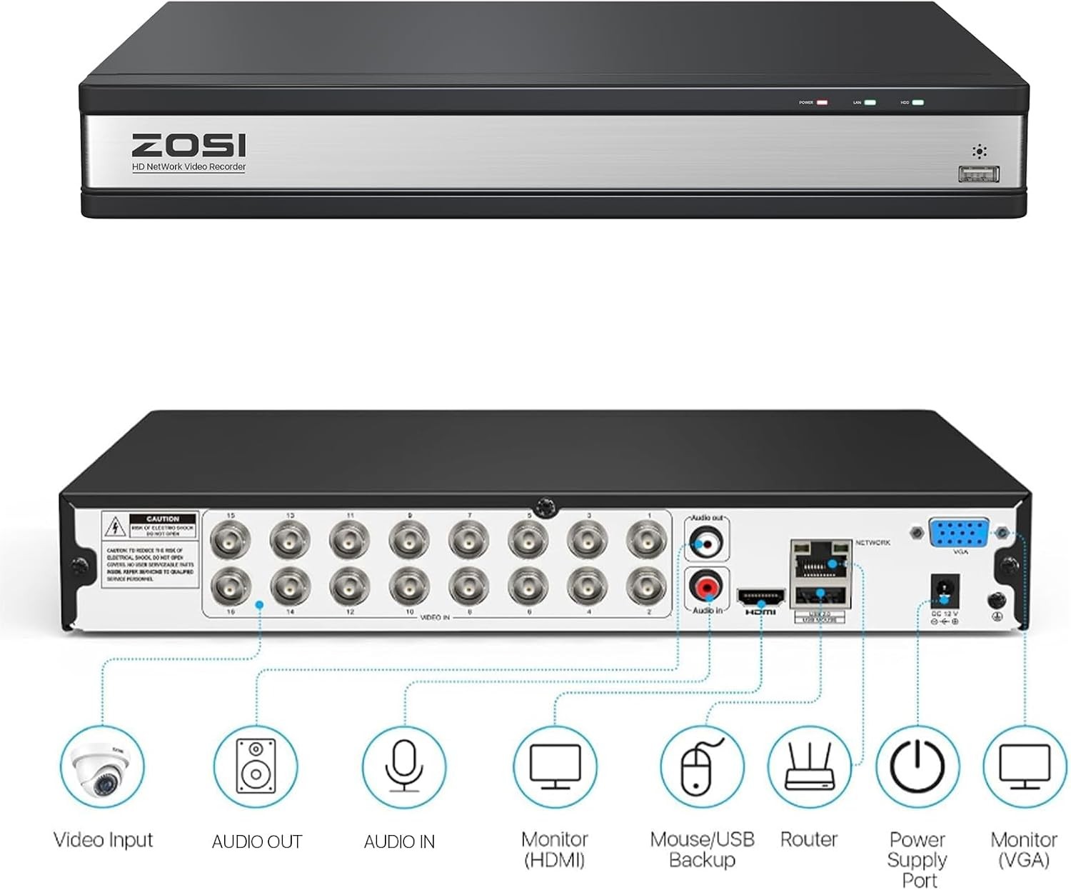 ZOSI 16CH H.265+ 5MP Lite DVR CCTV Home Security Camera System Outdoor IP66