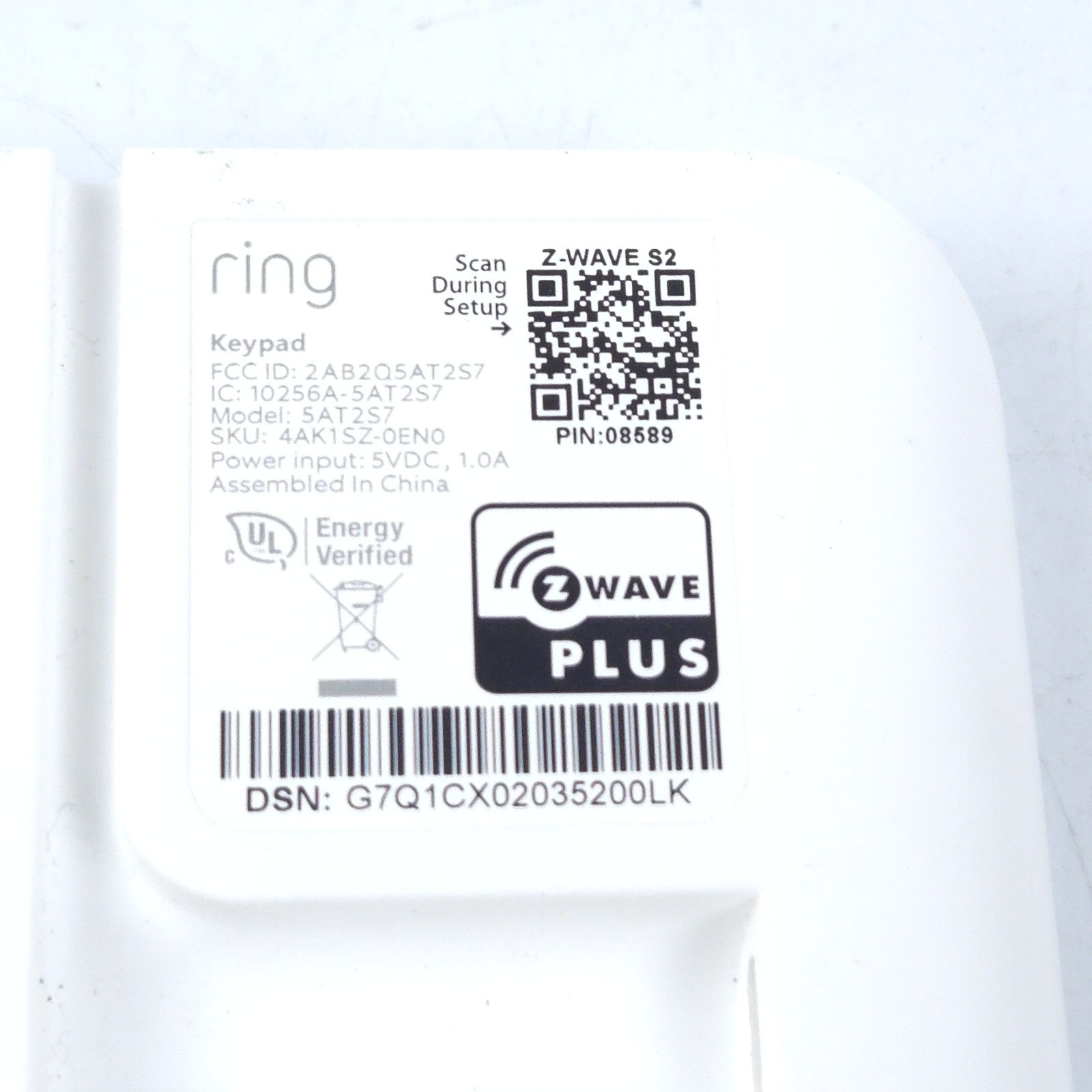 Ring Alarm Keypad 2nd Generation 5AT2S7 No Power Cable