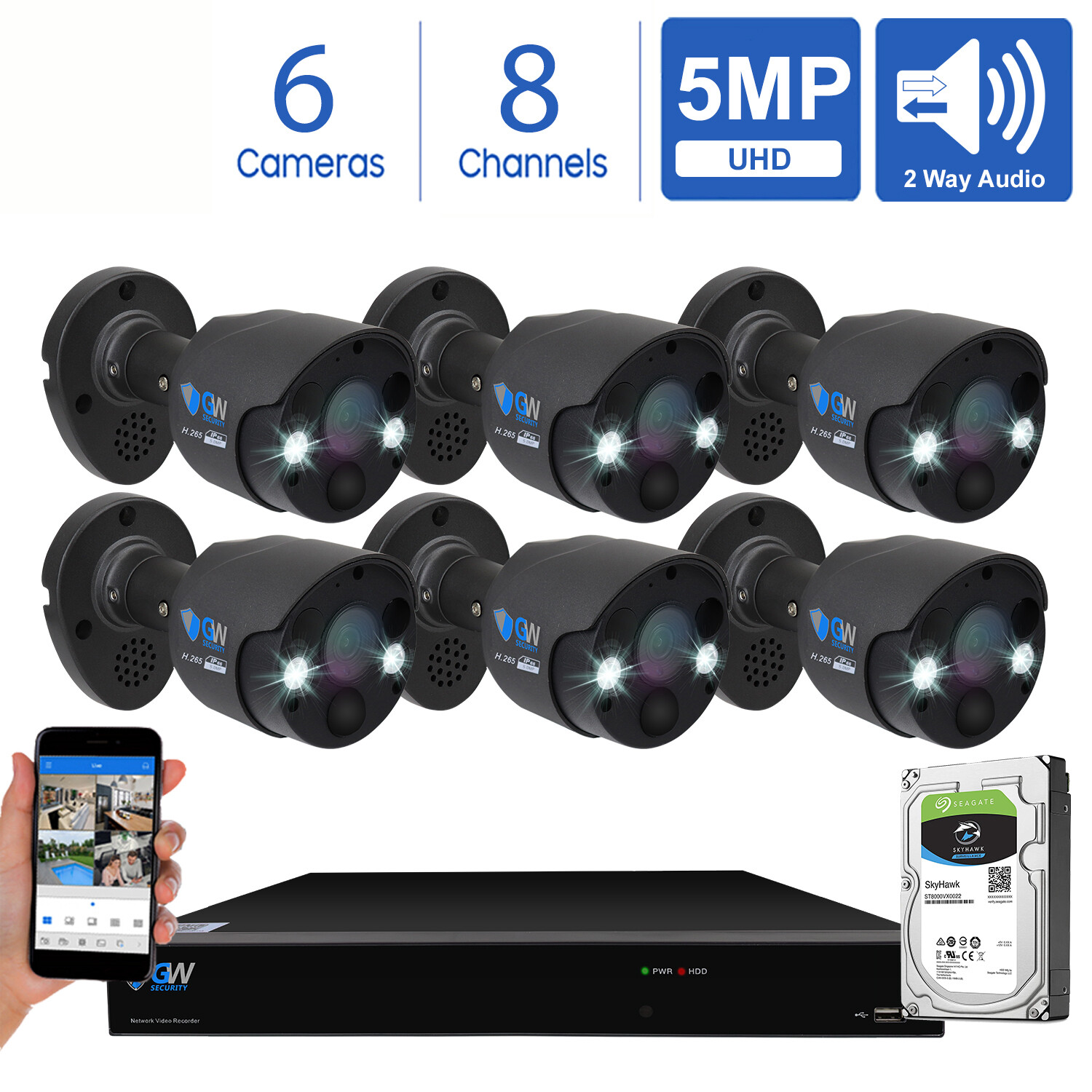 8CH NVR 6 X 5MP Two Way Audio Full-time Color PoE IP Security Camera System 2TB