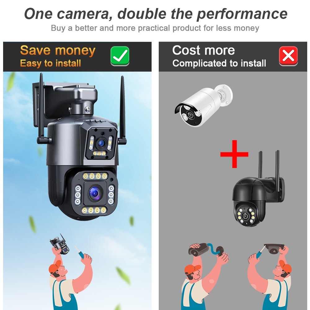 4K Security Camera Wireless Home Outdoor 4MP PTZ Home 2-Lens Wifi 2-Way Audio